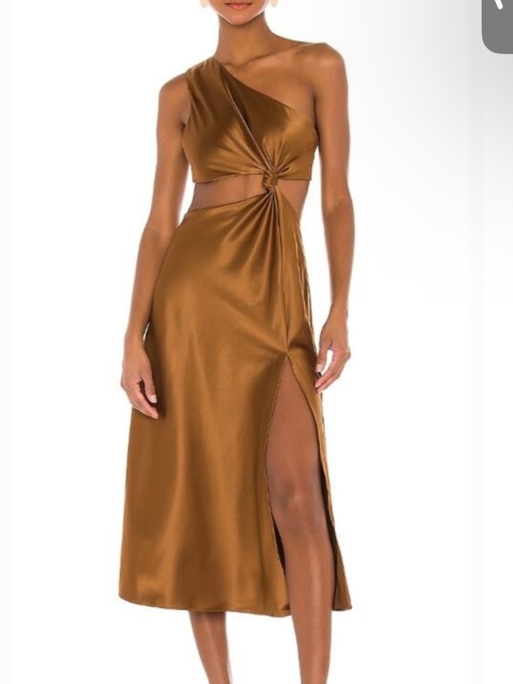 LPA One-Shoulder Cutout Satin Midi Dress in Bronze